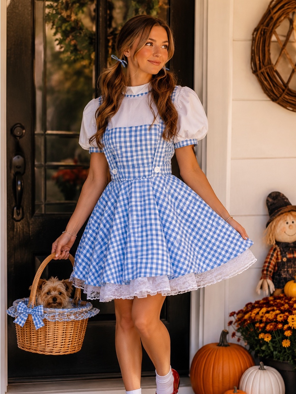 Blue Gingham Pinafore Dress with White Puff Sleeve Blouse